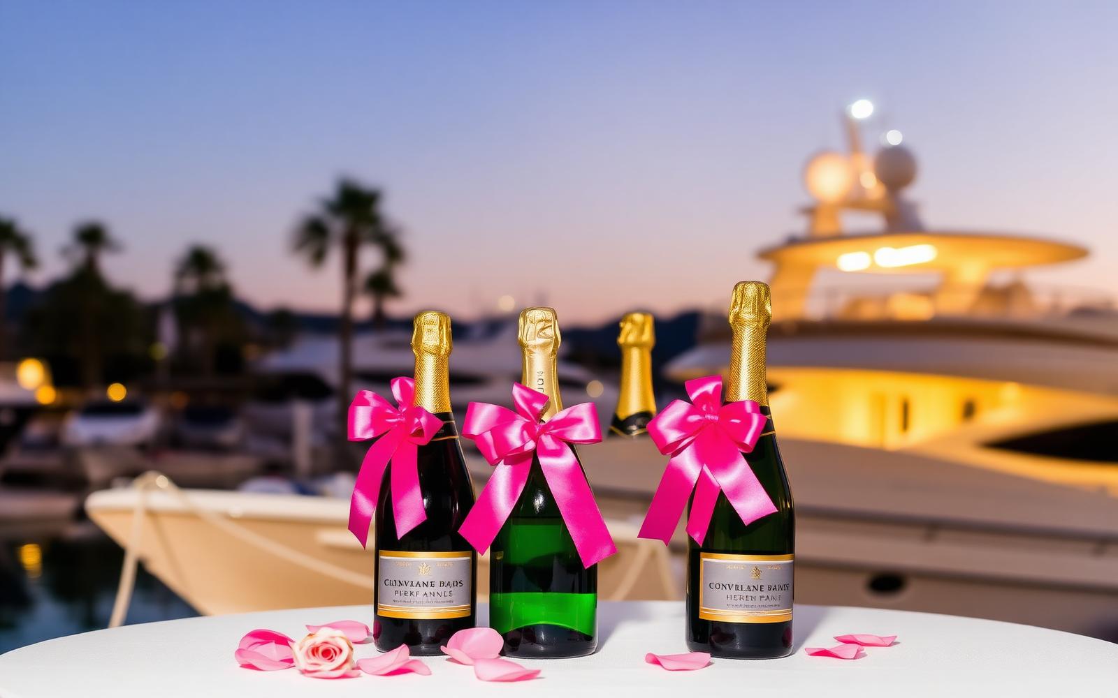 Champagne bottles with pink ribbons on arrival at Puerto Banús marina