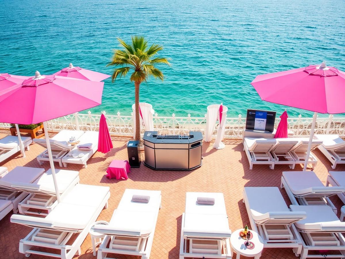 Luxury Marbella beach club with pink parasols and DJ booth