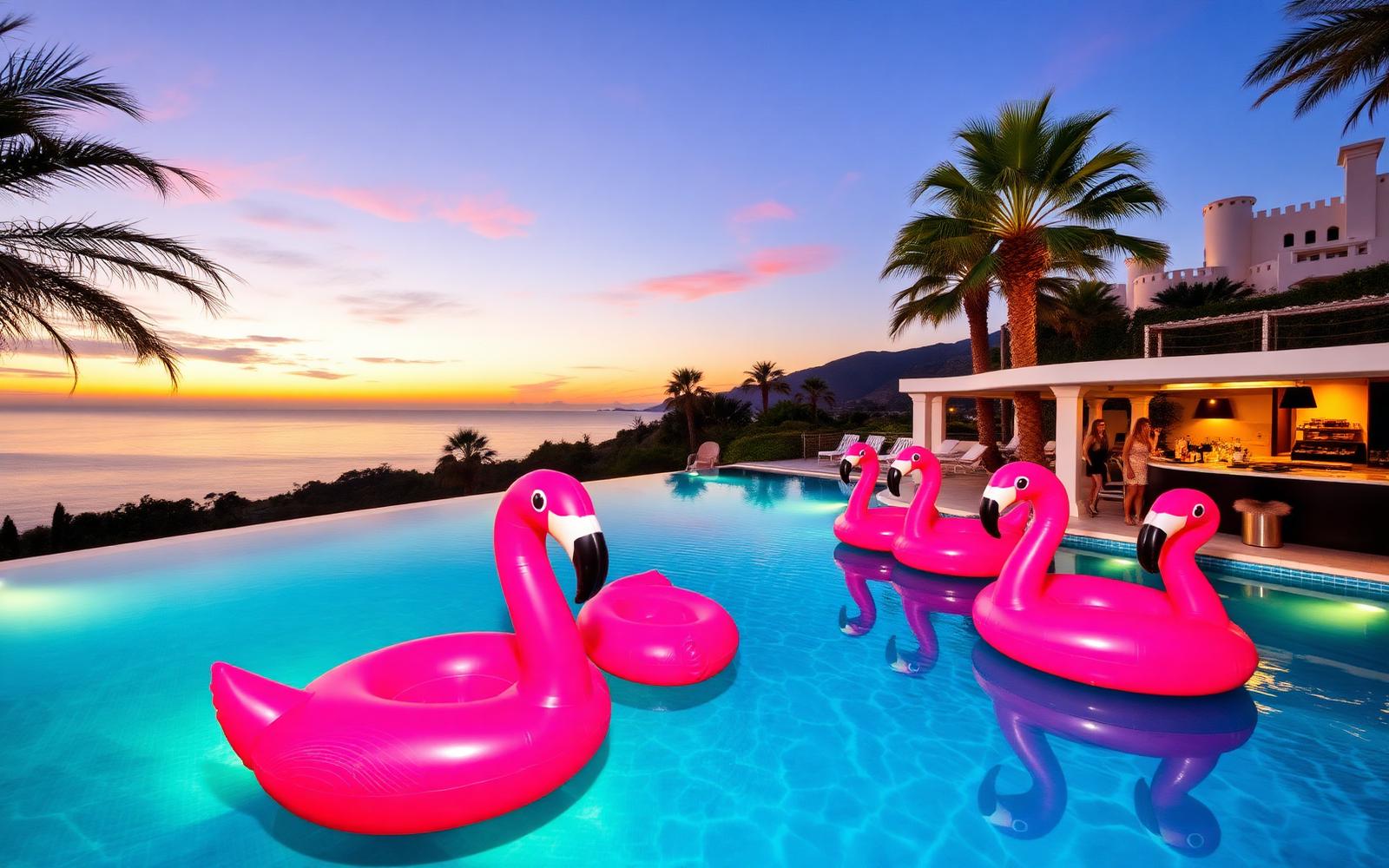 Private villa pool party in Marbella at sunset with flamingo floats
